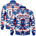 Custom Royal Red-White Varsity Full-Zip Camo Letterman Bomber Jacket | BuyFootballJersey