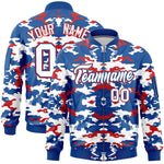 Custom Royal Red-White Varsity Full-Zip Camo Letterman Bomber Jacket | BuyFootballJersey