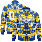 Custom Royal Yellow-White Varsity Full-Zip Camo Letterman Bomber Jacket | BuyFootballJersey