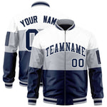 Custom White Silver-Navy Varsity Full-Zip Color Block Letterman Bomber Jacket | BuyFootballJersey
