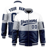 Custom White Silver-Navy Varsity Full-Zip Color Block Letterman Bomber Jacket | BuyFootballJersey