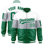 Custom White Silver-Kelly Green Varsity Full-Zip Color Block Letterman Bomber Jacket | BuyFootballJersey