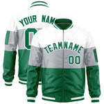 Custom White Silver-Kelly Green Varsity Full-Zip Color Block Letterman Bomber Jacket | BuyFootballJersey