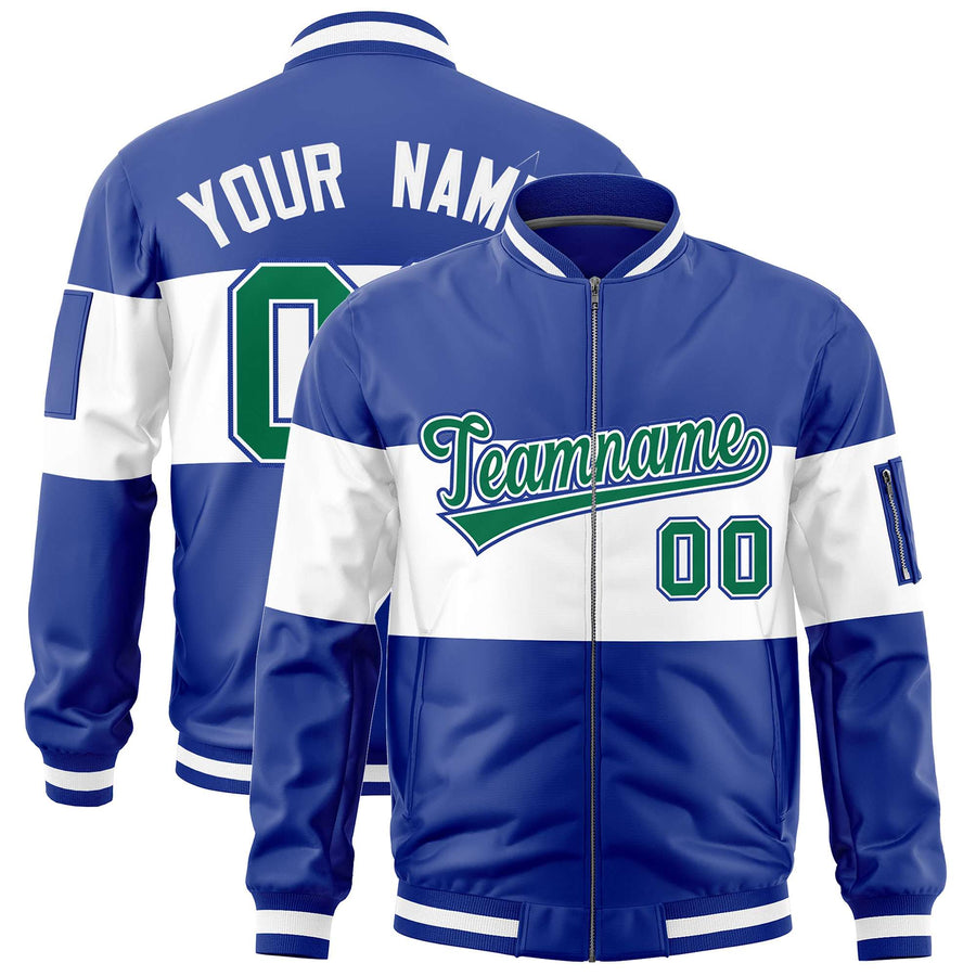 Custom Royal White-Royal Varsity Full-Zip Color Block Letterman Bomber Jacket | BuyFootballJersey