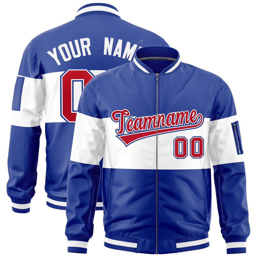 Custom Royal White-Royal Varsity Full-Zip Color Block Letterman Bomber Jacket | BuyFootballJersey