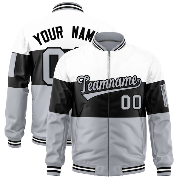 Custom White Black-Silver Varsity Full-Zip Color Block Letterman Bomber Jacket | BuyFootballJersey