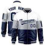 Custom White Silver-Navy Varsity Full-Zip Color Block Letterman Bomber Jacket | BuyFootballJersey