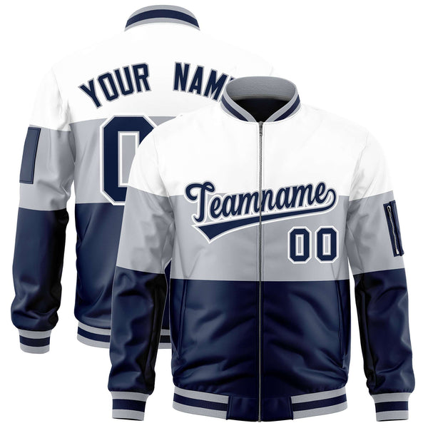 Custom White Silver-Navy Varsity Full-Zip Color Block Letterman Bomber Jacket | BuyFootballJersey