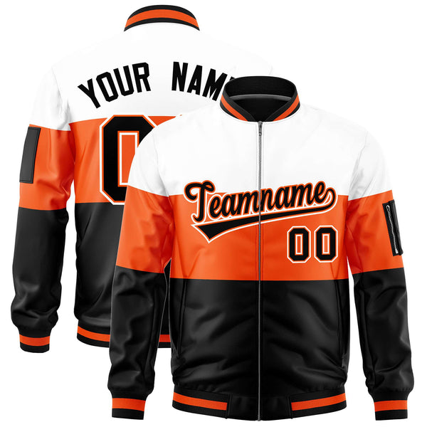 Custom White Orange-Black Varsity Full-Zip Color Block Letterman Bomber Jacket | BuyFootballJersey