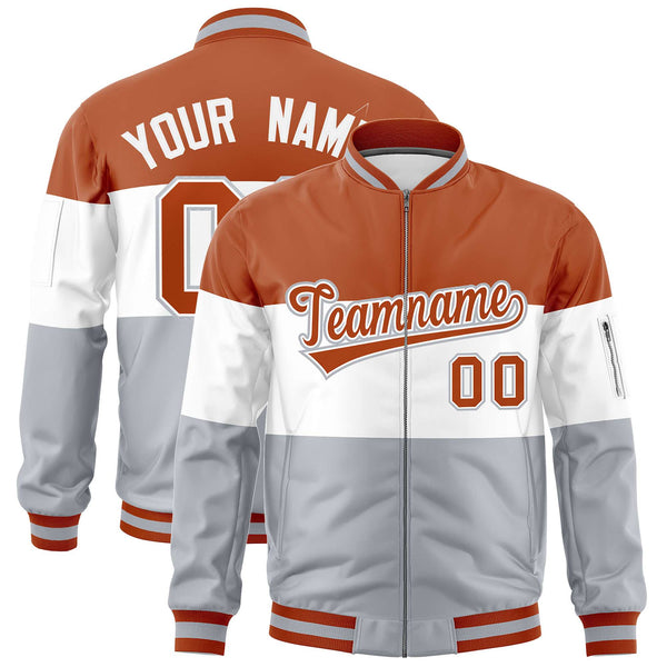 Custom Texas Orange White-Silver Varsity Full-Zip Color Block Letterman Bomber Jacket | BuyFootballJersey