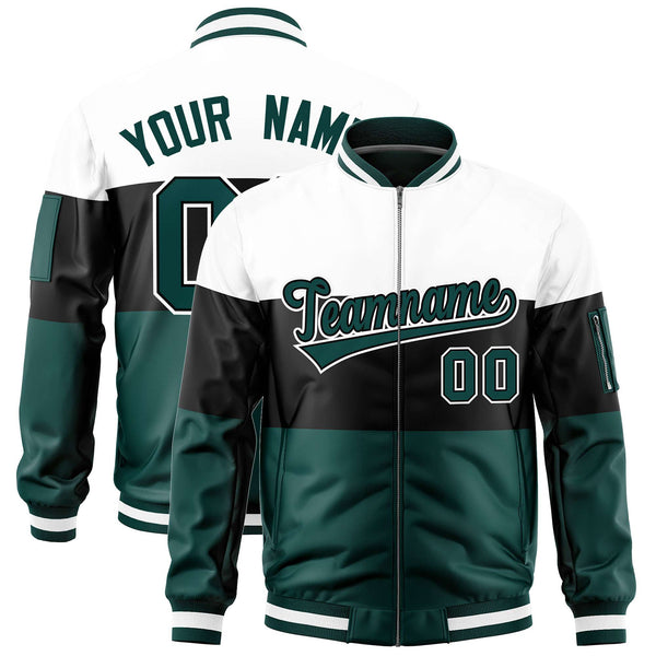 Custom White Black-Midnight Green Varsity Full-Zip Color Block Letterman Bomber Jacket | BuyFootballJersey