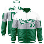 Custom White Silver-Kelly Green Varsity Full-Zip Color Block Letterman Bomber Jacket | BuyFootballJersey