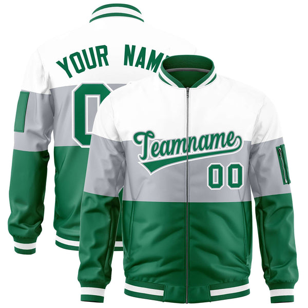 Custom White Silver-Kelly Green Varsity Full-Zip Color Block Letterman Bomber Jacket | BuyFootballJersey
