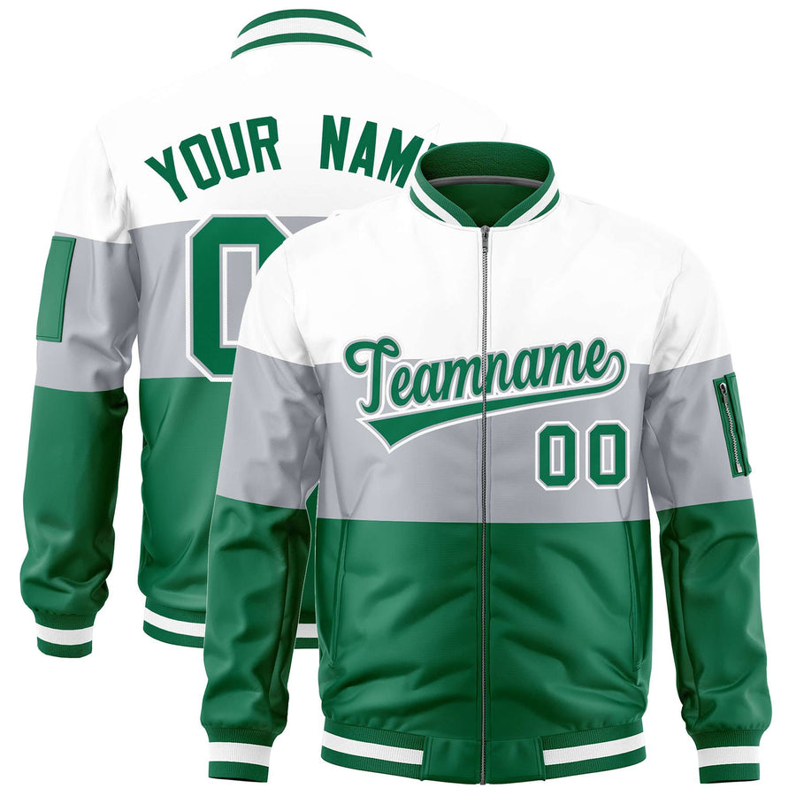 Custom White Silver-Kelly Green Varsity Full-Zip Color Block Letterman Bomber Jacket | BuyFootballJersey