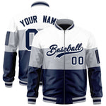 Custom White Silver-Navy Varsity Full-Zip Color Block Letterman Bomber Jacket | BuyFootballJersey