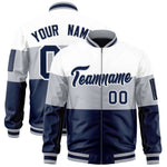 Custom White Silver-Navy Varsity Full-Zip Color Block Letterman Bomber Jacket | BuyFootballJersey