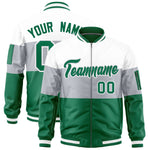 Custom White Silver-Kelly Green Varsity Full-Zip Color Block Letterman Bomber Jacket | BuyFootballJersey