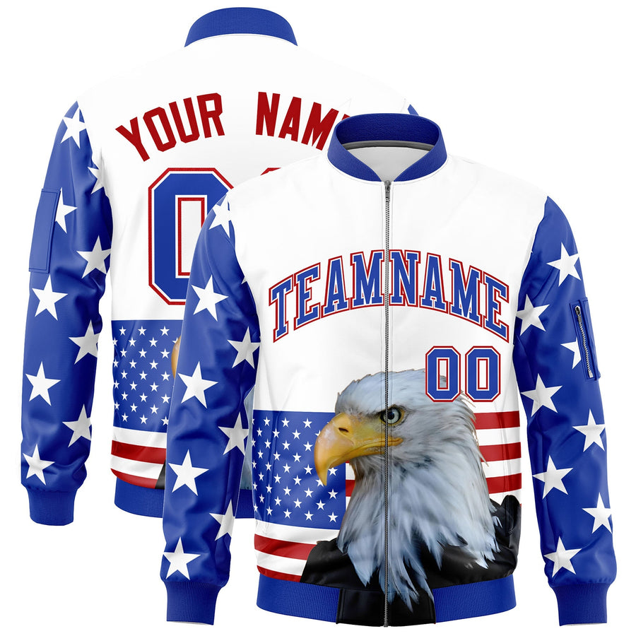 Custom White Royal Blue Red Independence Day Full Zip American Flag Wrinkle-Resistant Jacket | BuyFootballJersey