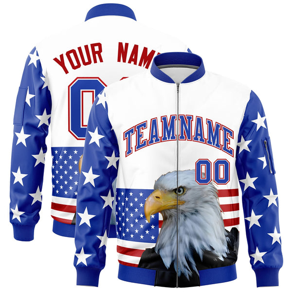 Custom White Royal Blue Red Independence Day Full Zip American Flag Wrinkle-Resistant Jacket | BuyFootballJersey
