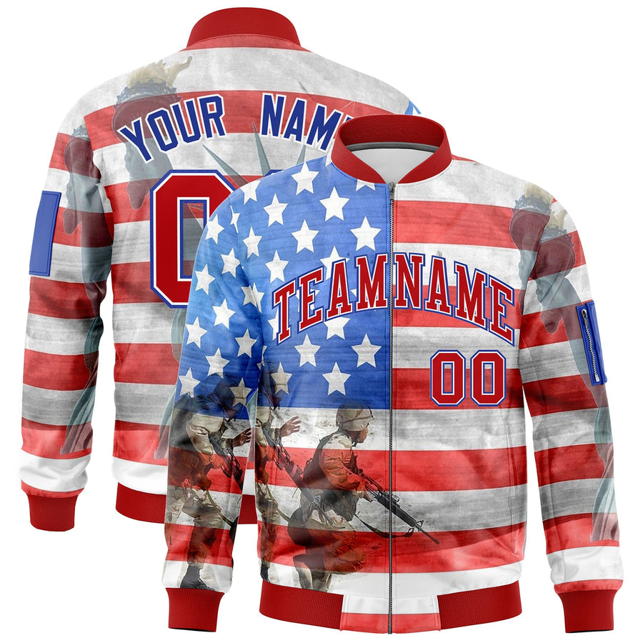 Custom Red White Royal Blue Independence Day Full Zip American Flag Wrinkle-Resistant Jacket | BuyFootballJersey