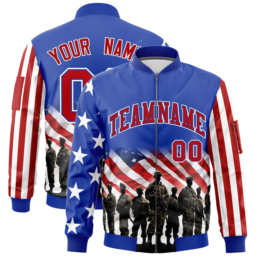 Custom Royal Blue White Red Independence Day Full Zip American Flag Wrinkle-Resistant Jacket | BuyFootballJersey