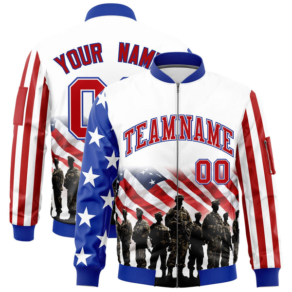 Custom White Red Royal Blue Independence Day Full Zip American Flag Wrinkle-Resistant Jacket | BuyFootballJersey