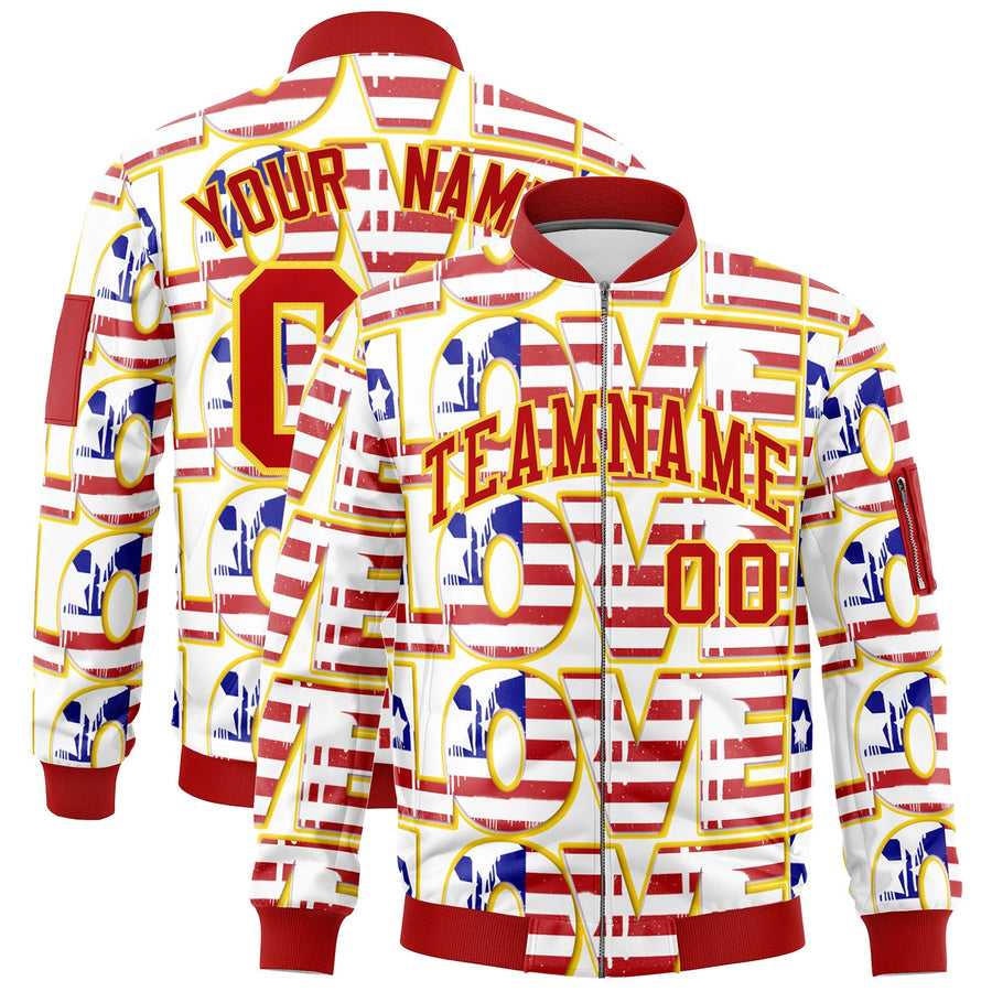 Custom White Red Gold Independence Day Full Zip American Flag Wrinkle-Resistant Jacket | BuyFootballJersey