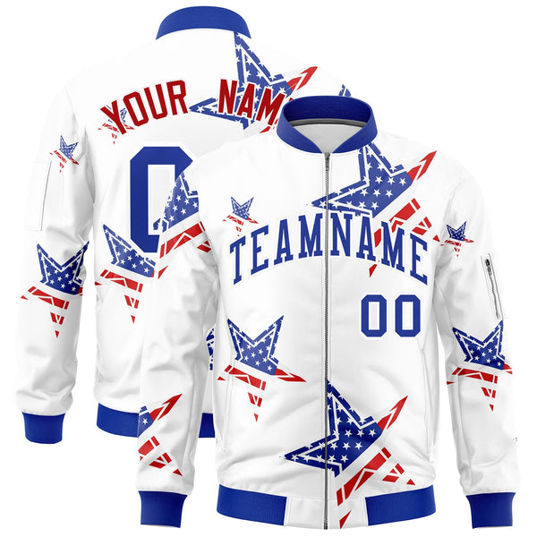 Custom White Royal Blue Red Independence Day Full Zip American Flag Wrinkle-Resistant Jacket | BuyFootballJersey