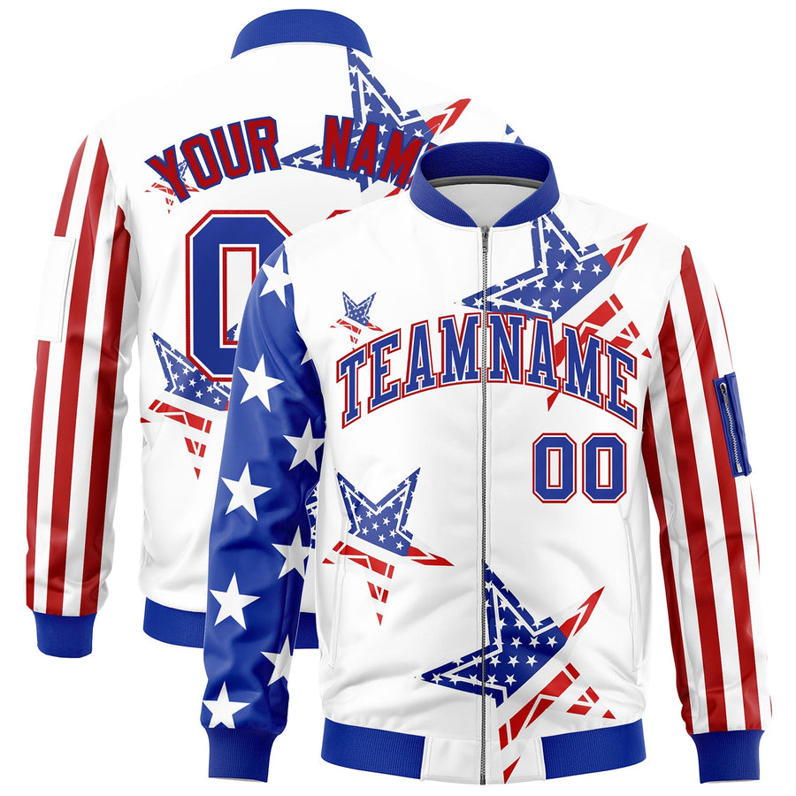 Custom White Red Royal Blue Independence Day Full Zip American Flag Wrinkle-Resistant Jacket | BuyFootballJersey