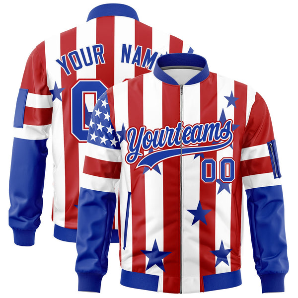 Custom White Red Royal Blue Independence Day Full Zip American Flag Wrinkle-Resistant Jacket | BuyFootballJersey