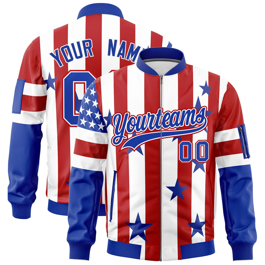 Custom White Red Royal Blue Independence Day Full Zip American Flag Wrinkle-Resistant Jacket | BuyFootballJersey