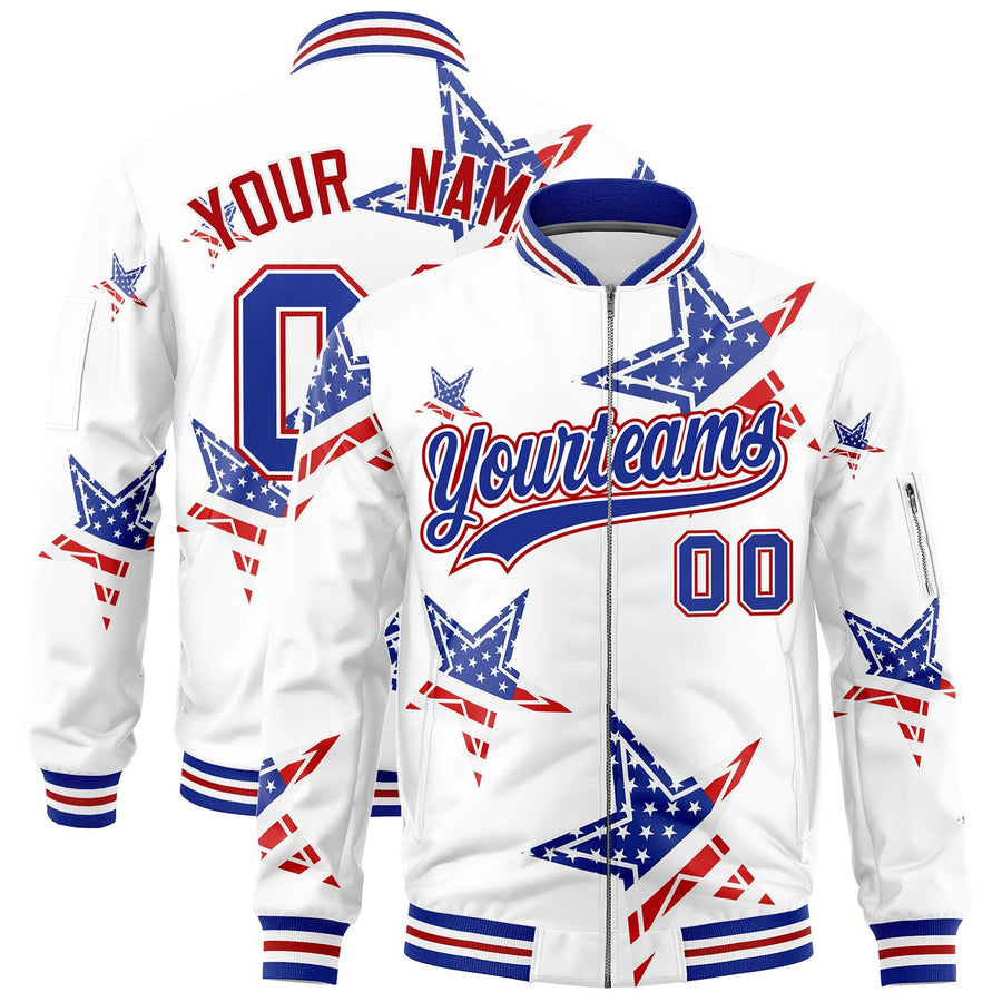 Custom White Royal Blue Red Independence Day Full Zip American Flag Wrinkle-Resistant Jacket | BuyFootballJersey