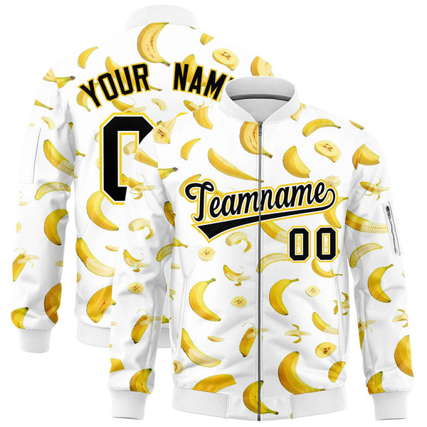 Custom White Varsity Full-Zip Banana Pattern Letterman Bomber Jacket | BuyFootballJersey