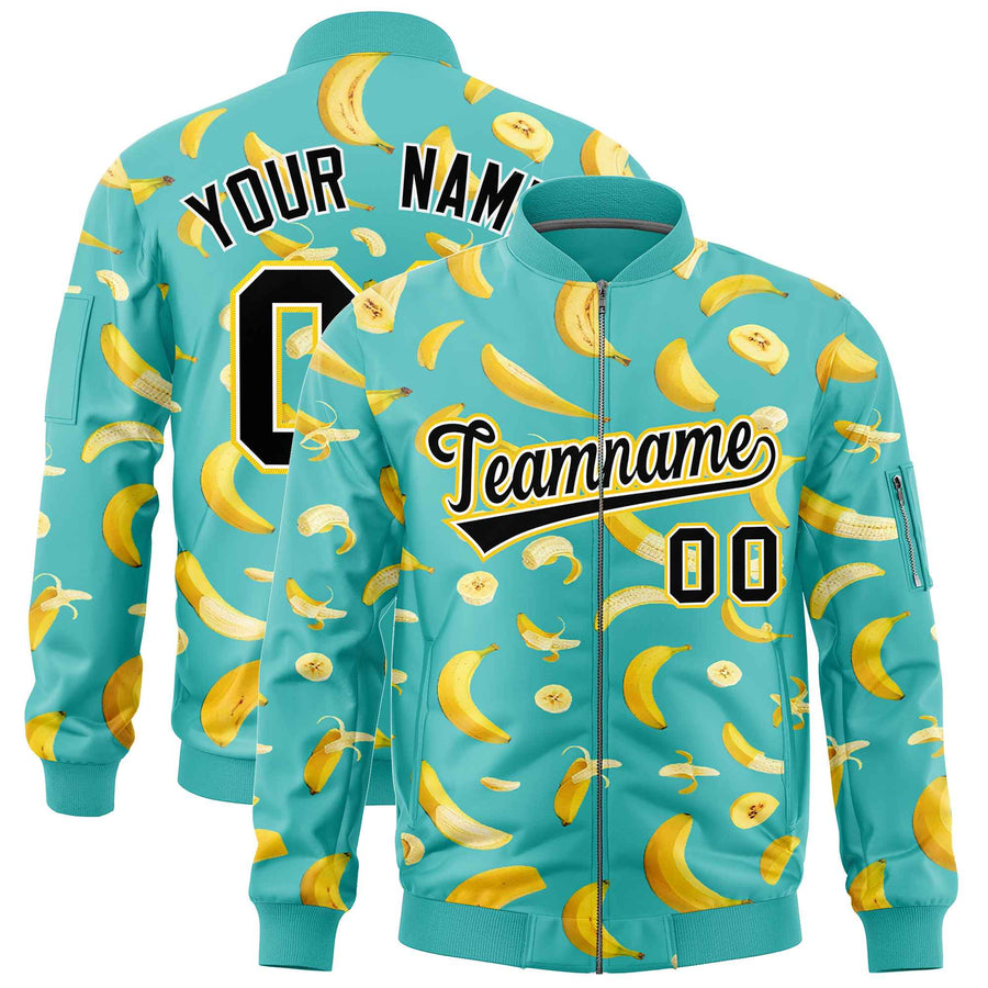 Custom Teal Varsity Full-Zip Banana Pattern Letterman Bomber Jacket | BuyFootballJersey