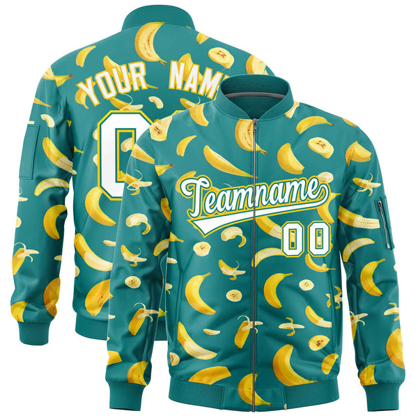 Custom Teal Varsity Full-Zip Banana Pattern Letterman Bomber Jacket | BuyFootballJersey