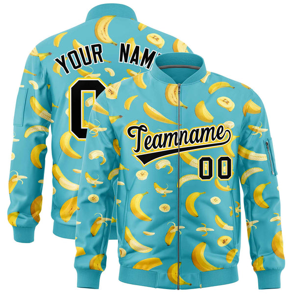 Custom Sky Blue Varsity Full-Zip Banana Pattern Letterman Bomber Jacket | BuyFootballJersey