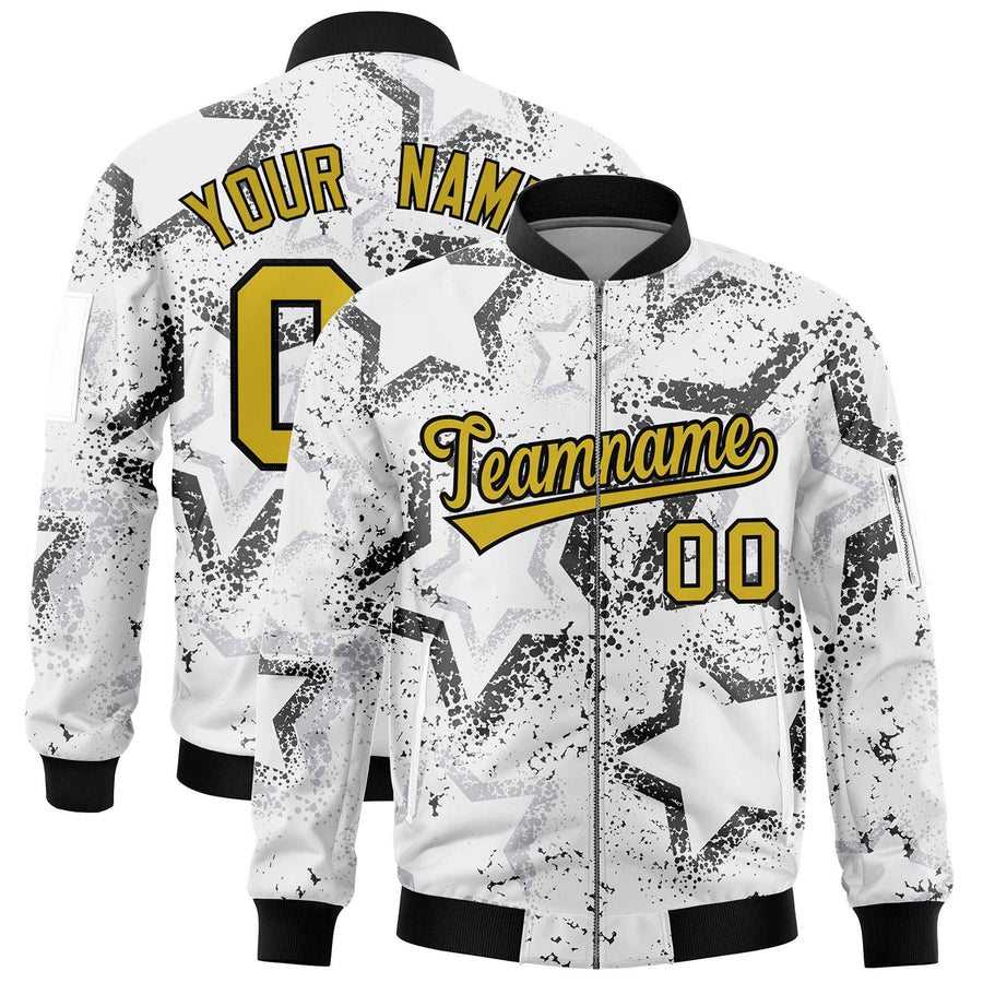 Custom White Varsity Full-Zip Star Pattern Letterman Bomber Jacket | BuyFootballJersey