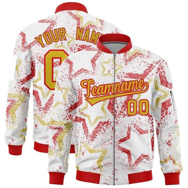 Custom White Varsity Full-Zip Star Pattern Letterman Bomber Jacket | BuyFootballJersey