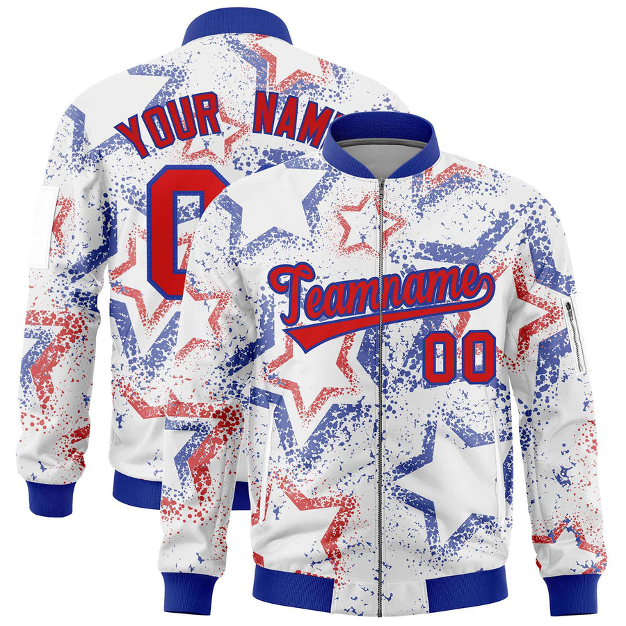 Custom White Varsity Full-Zip Star Pattern Letterman Bomber Jacket | BuyFootballJersey