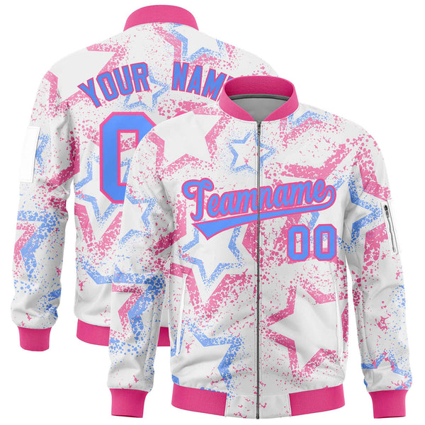 Custom White Varsity Full-Zip Star Pattern Letterman Bomber Jacket | BuyFootballJersey