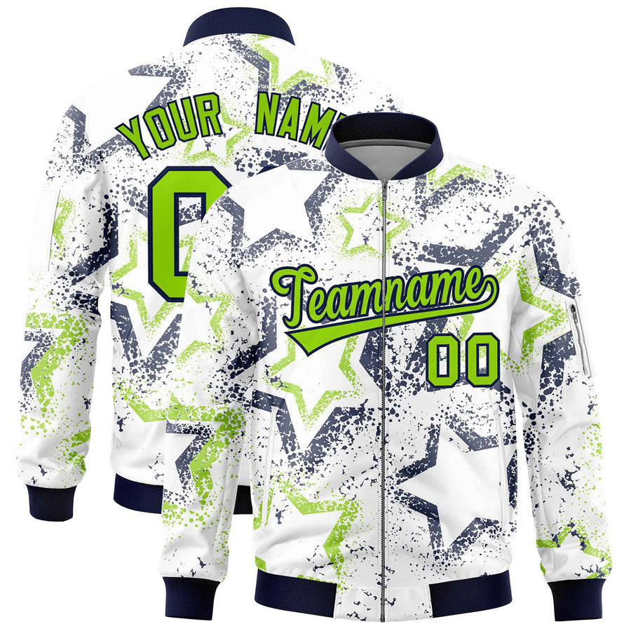 Custom White Varsity Full-Zip Star Pattern Letterman Bomber Jacket | BuyFootballJersey