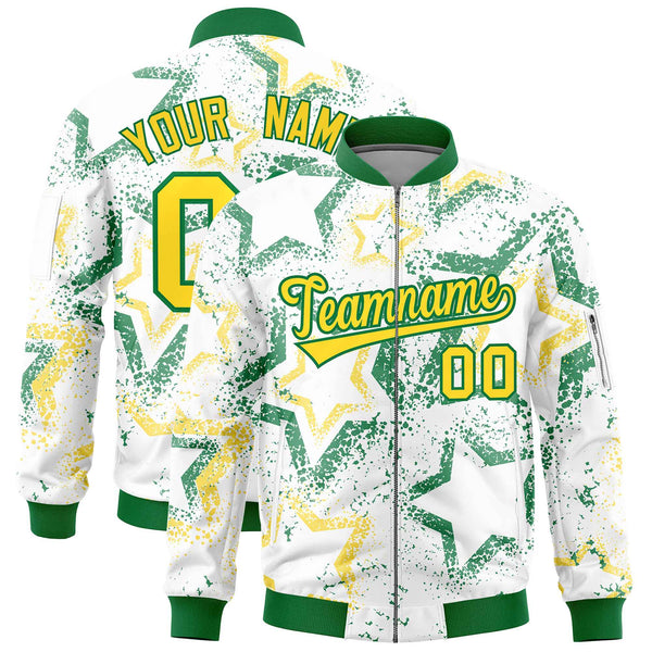 Custom White Varsity Full-Zip Star Pattern Letterman Bomber Jacket | BuyFootballJersey