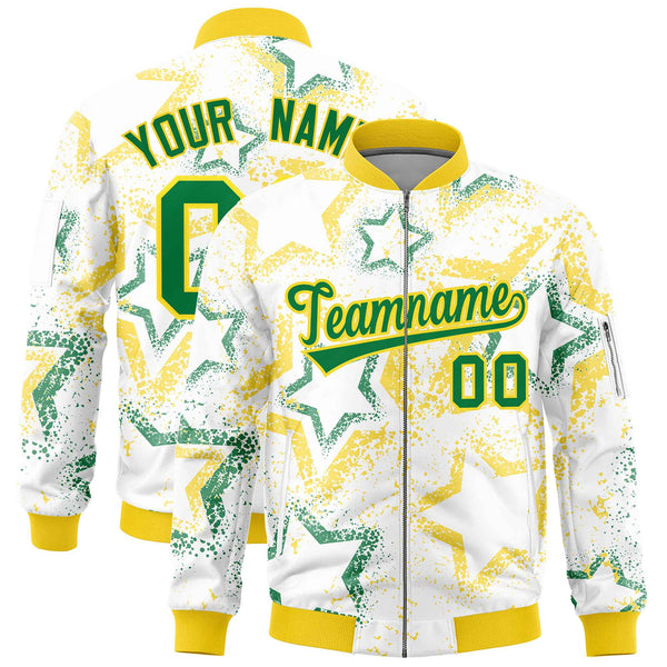 Custom White Varsity Full-Zip Star Pattern Letterman Bomber Jacket | BuyFootballJersey