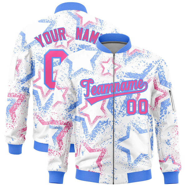 Custom White Varsity Full-Zip Star Pattern Letterman Bomber Jacket | BuyFootballJersey