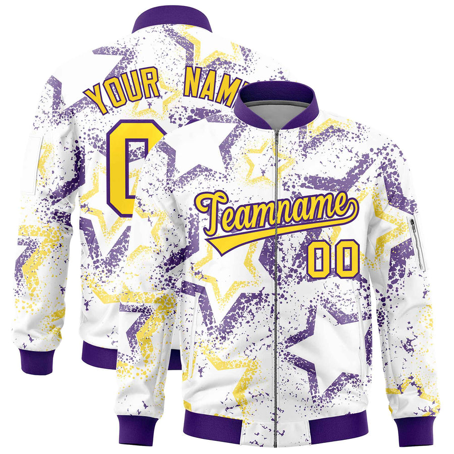 Custom White Varsity Full-Zip Star Pattern Letterman Bomber Jacket | BuyFootballJersey