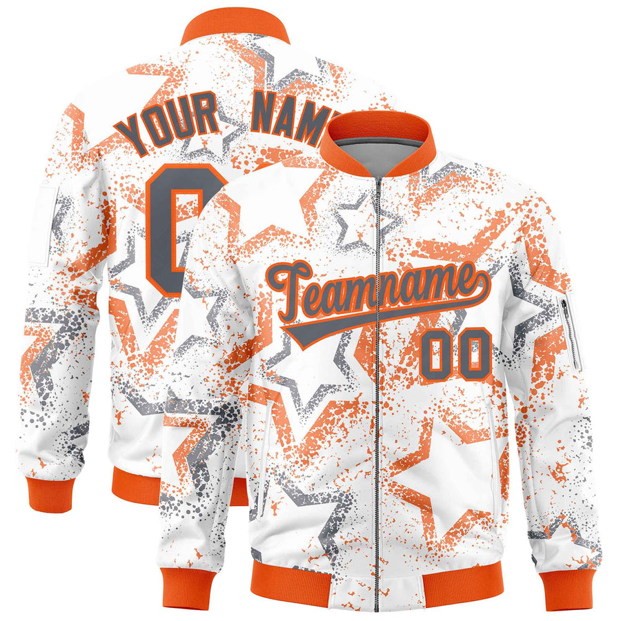 Custom White Varsity Full-Zip Star Pattern Letterman Bomber Jacket | BuyFootballJersey