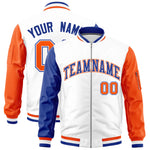 Custom White Royal Orange Varsity Full-Zip Raglan Sleeves Letterman Bomber Jacket | BuyFootballJersey
