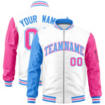 Custom White Powder Blue Pink Varsity Full-Zip Raglan Sleeves Letterman Bomber Jacket | BuyFootballJersey