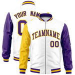 Custom White Gold Purple Varsity Full-Zip Raglan Sleeves Letterman Bomber Jacket | BuyFootballJersey