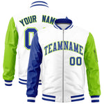 Custom White Royal Neon Green Varsity Full-Zip Raglan Sleeves Letterman Bomber Jacket | BuyFootballJersey